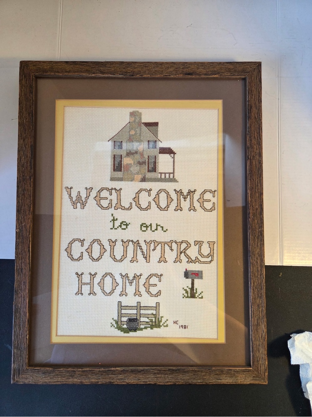 Framed Cross-Stitch "Welcome to Our Country Home" - Rustic Brown Frame